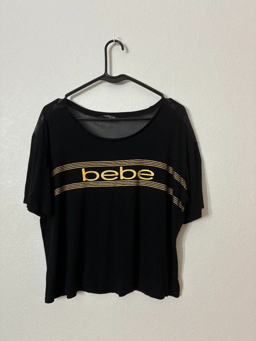 Bebe Sport Black Gold Logo Mesh Oversized Boxy Top XL Y2K